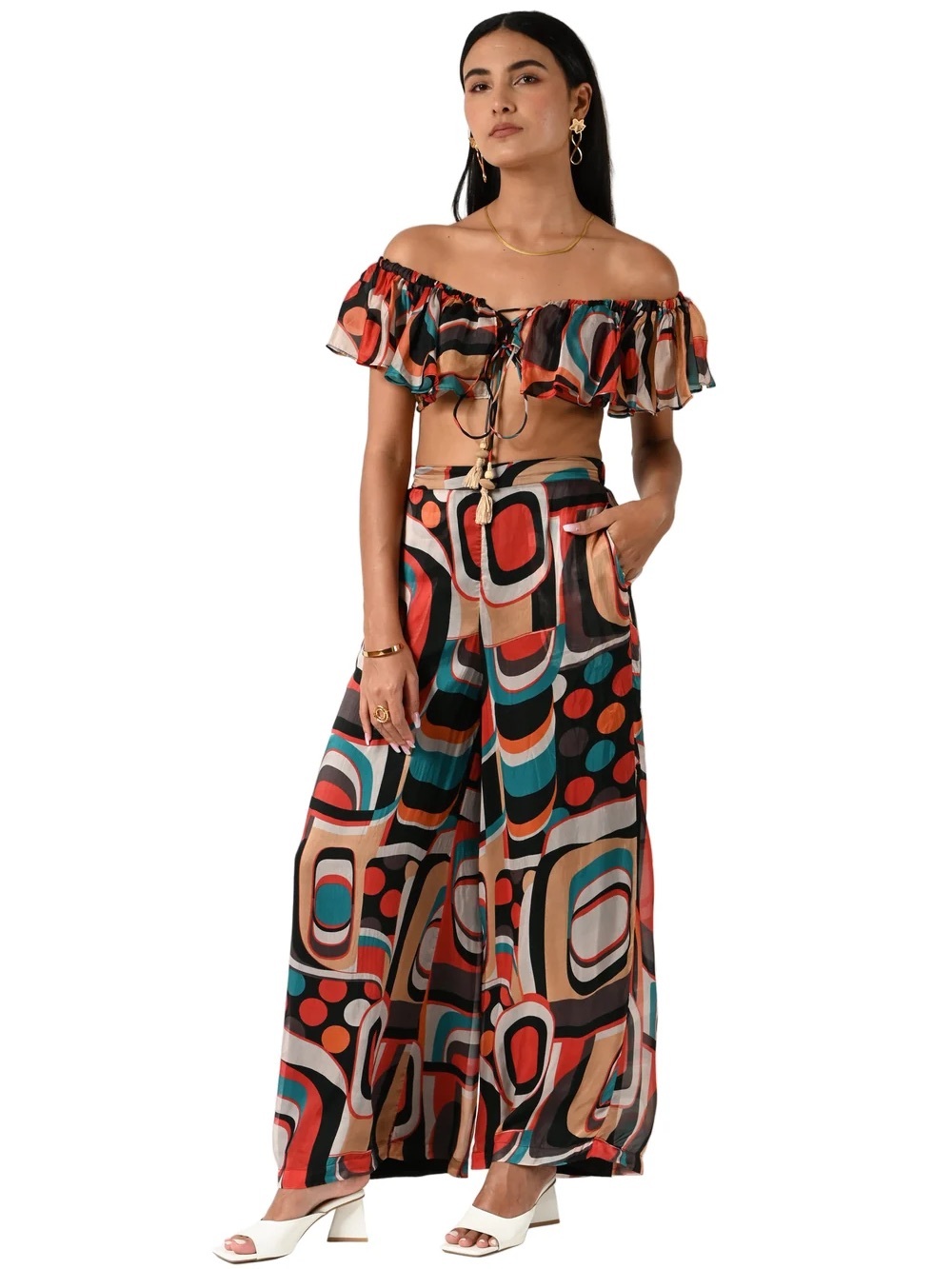 Ollari Betsy Pants Wide Leg Geometric Print